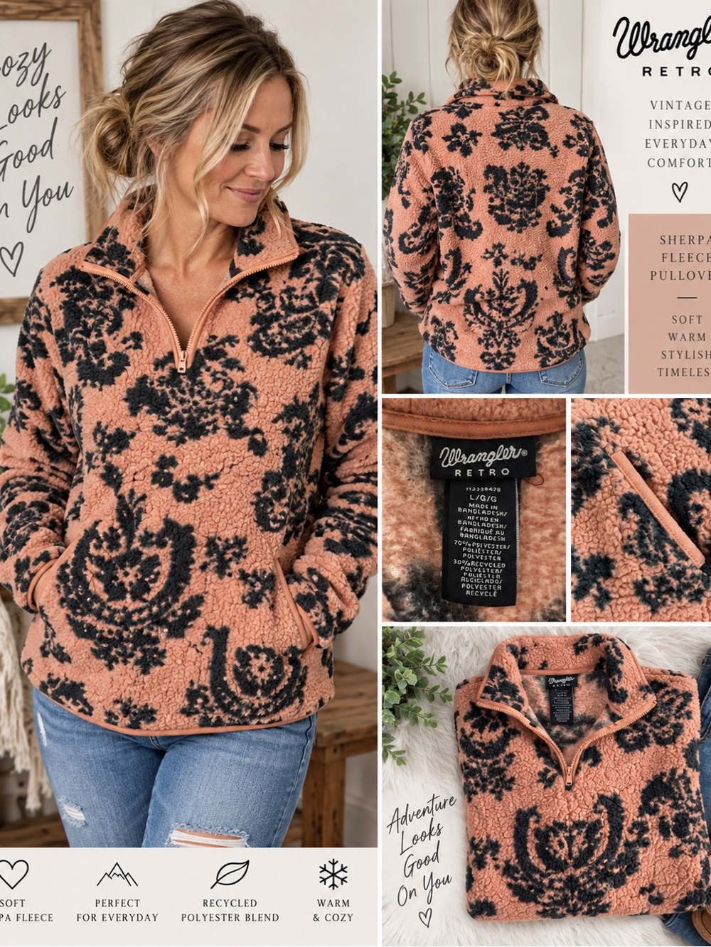 Wrangler Retro Peach Floral Sherpa Half-Zip Pullover